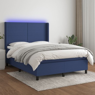 vidaXL Κρεβάτι Boxspring με Στρώμα & LED Μπλε 140x190cm Υφασμάτινο 1 τεμ. - Μονό