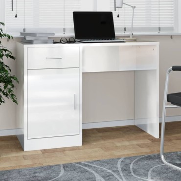 vidaXL Γραφείο με Συρτάρι & Ντουλάπι Γυαλ. Λευκό 100x40x73cm Επ. Ξύλο 1 τεμ.