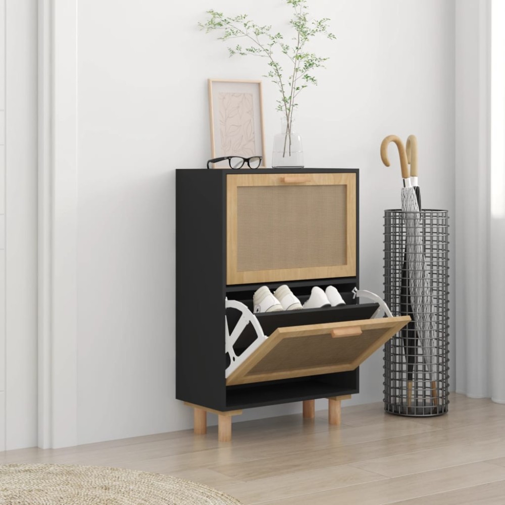 vidaXL Παπουτσοθήκη Μαύρη 52x25x80cm Επεξεργασμένο Ξύλο&Φυσικό Ρατάν