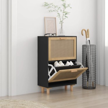 vidaXL Παπουτσοθήκη Μαύρη 52x25x80cm Επεξεργασμένο Ξύλο&Φυσικό Ρατάν