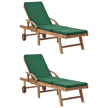 vidaXL Ξαπλώστρες Πράσινες από Μασίφ Ξύλο Teak με 2 τεμ. Μαξιλάρια