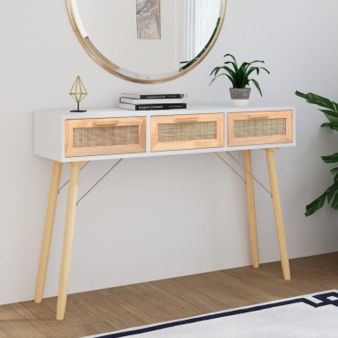 vidaXL Τραπέζι Κονσόλα Λευκό 105x30x75cm Μασίφ Πεύκο & Φυσικό Ρατάν 1 τεμ.