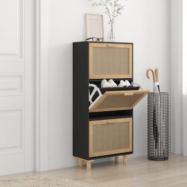 vidaXL Παπουτσοθήκη Μαύρη 52x25x115cm Επεξεργασμένο Ξύλο&Φυσικό Ρατάν