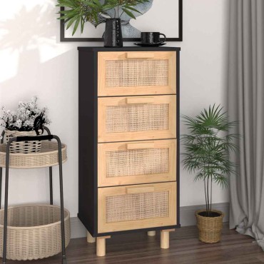 vidaXL Συρταριέρα Μαύρη 40x30x90cm από Μασίφ Πεύκο & Φυσικό Ρατάν 1 τεμ.