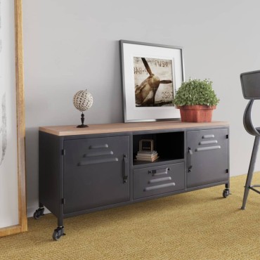 vidaXL Έπιπλο Τηλεόρασης Μαύρο 110x30x43cm Σίδηρος&Μασίφ Ξύλο Ελάτης