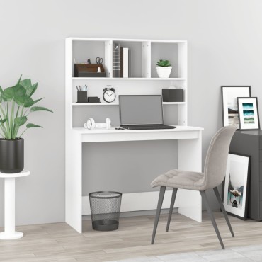 vidaXL Γραφείο με Ράφια Γυαλ. Λευκό 102x45x148cm Επεξεργασμένο Ξύλο 1 τεμ.