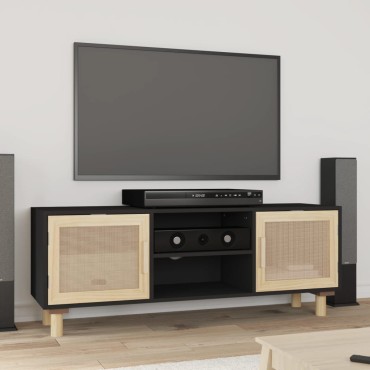 vidaXL Έπιπλο Τηλεόρασης Μαύρο 105x30x40cm Μασίφ Πεύκο & Φυσικό Ρατάν