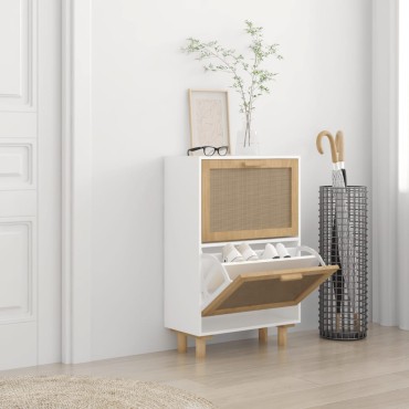 vidaXL Παπουτσοθήκη Λευκή 52x25x80cm Επεξεργασμένο Ξύλο&Φυσικό Ρατάν