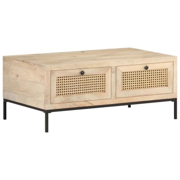 vidaXL Τραπεζάκι Σαλονιού 90x50x37cm Μασίφ Ξύλο Μάνγκο/Φυσικό Καλάμι 1 τεμ.