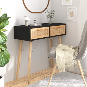 vidaXL Τραπέζι Κονσόλα Μαύρο 80x30x75cm Μασίφ Πεύκο & Φυσικό Ρατάν 1 τεμ.