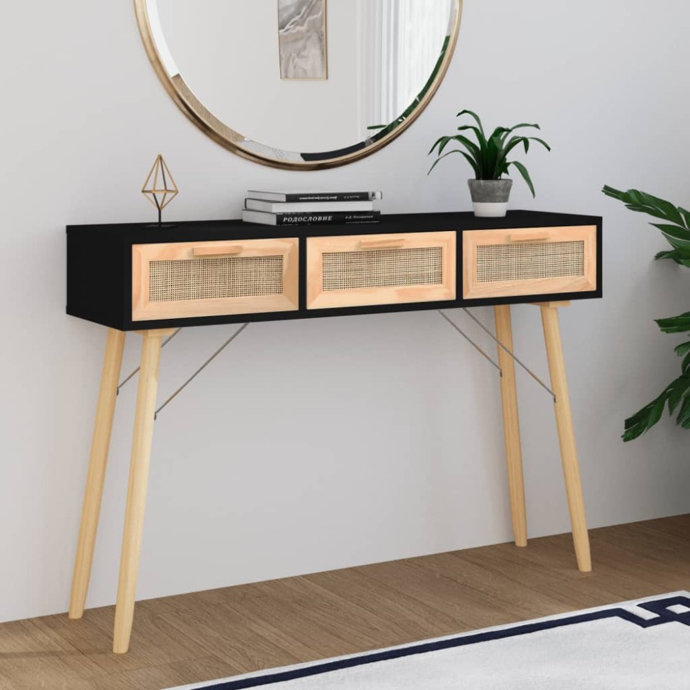 vidaXL Τραπέζι Κονσόλα Μαύρο 105x30x75cm Μασίφ Πεύκο & Φυσικό Ρατάν 1 τεμ.