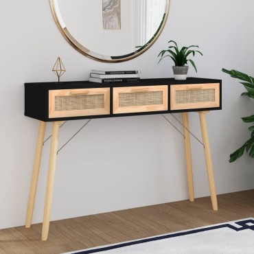vidaXL Τραπέζι Κονσόλα Μαύρο 105x30x75cm Μασίφ Πεύκο & Φυσικό Ρατάν 1 τεμ.