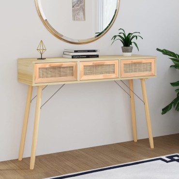 vidaXL Τραπέζι Κονσόλα Καφέ 105x30x75cm Μασίφ Πεύκο & Φυσικό Ρατάν 1 τεμ.