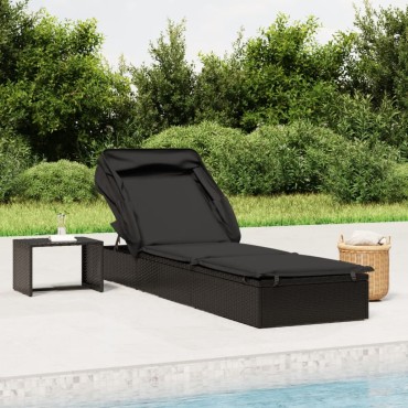 vidaXL Ξαπλώστρα Πτυσσόμενη Οροφή Μαύρη 213x63x97cm Συνθ. Ρατάν 1 τεμ.
