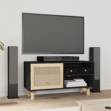 vidaXL Έπιπλο Τηλεόρασης Μαύρο 80x30x40cm Μασίφ Πεύκο & Φυσικό Ρατάν