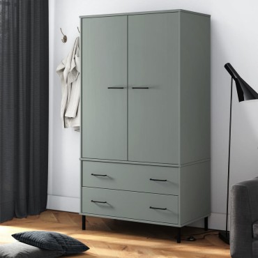 vidaXL Ντουλάπα OSLO Γκρι 90x55x172,5cm Μασίφ Ξύλο με Μετ. Πόδια 1 τεμ.