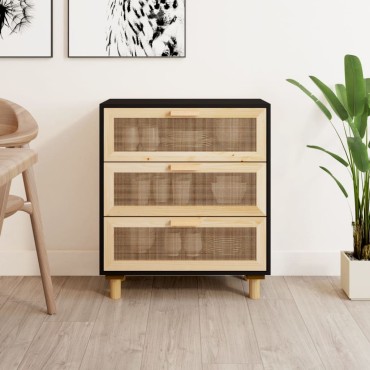 vidaXL Συρταριέρα Μαύρη 60x30x70cm από Μασίφ Πεύκο & Φυσικό Ρατάν 1 τεμ.