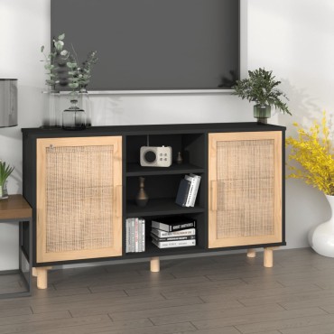 vidaXL Ντουλάπι Μαύρο 105x30x60cm από Μασίφ Πεύκο & Φυσικό Ρατάν 1 τεμ.