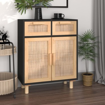 vidaXL Ντουλάπι Μαύρο 60x30x75cm από Μασίφ Πεύκο & Φυσικό Ρατάν 1 τεμ.