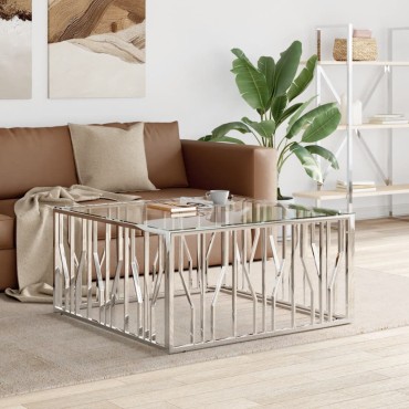 vidaXL Τραπέζι Σαλονιού 100x100x50cm από Ανοξείδωτο Ατσάλι και Γυαλί 1 τεμ.