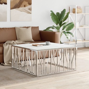 vidaXL Τραπέζι Σαλονιού Ασημί 100x100x50cm Ανοξείδωτο Ατσάλι & Γυαλί 1 τεμ.