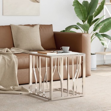 vidaXL Τραπέζι Σαλονιού Ασημί 50x50x50cm Ανοξείδωτο Ατσάλι και Γυαλί 1 τεμ.