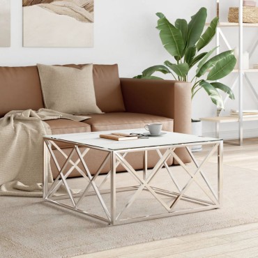 vidaXL Τραπέζι Σαλονιού Ασημί 80x80x40cm Ανοξείδωτο Ατσάλι και Γυαλί 1 τεμ.