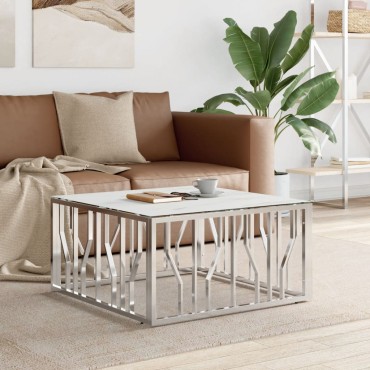 vidaXL Τραπέζι Σαλονιού Ασημί 80x80x40cm Ανοξείδωτο Ατσάλι και Γυαλί 1 τεμ.