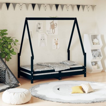 vidaXL Πλαίσιο Κρεβατιού Μαύρο70x140cm από Μασίφ Ξύλο Πεύκου 1 τεμ. - Μονό