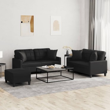 vidaXL Πολυθρόνες Σετ 3 τεμ. Μαύρο Συνθετικό Δέρμα με Μαξιλάρια 138x77x80cm  Διθέσιος