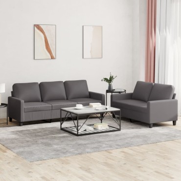vidaXL Πολυθρόνες Σετ 2 τεμ. Γκρι Συνθετικό Δέρμα με Μαξιλάρια 138x77x80cm  Διθέσιος Τριθέσιος