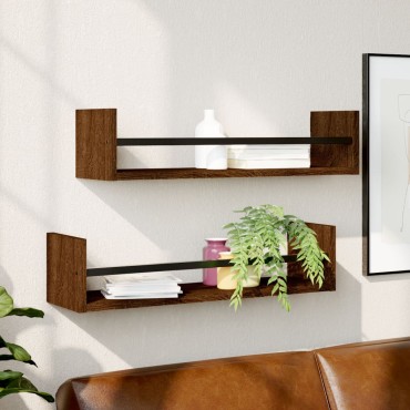 vidaXL Ράφια Τοίχου με Μπάρα 2 τεμ. Καφέ Δρυς 60x16x14cm