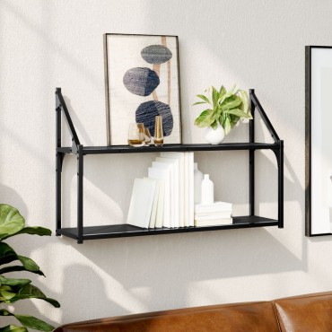 vidaXL Ραφιέρα Τοίχου με 2 Ράφια Μαύρη 80x21x51cm Επεξεργ. Ξύλο 1 τεμ.