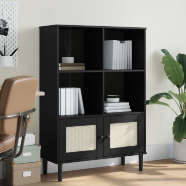 vidaXL Βιβλιοθήκη SENJA Μαύρο / Ρατάν 90x35x130cm Μασίφ Ξύλο Πεύκου 1 τεμ.