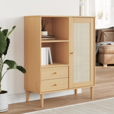 vidaXL Ντουλάπι Ψηλό SENJA Καφέ/Ρατάν 90x40x112cm Μασίφ Ξύλο Πεύκου 1 τεμ.