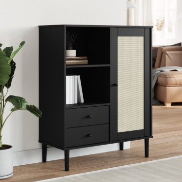 vidaXL Ντουλάπι Ψηλό SENJA Μαύρο/Ρατάν 90x40x112cm Μασίφ Ξύλο Πεύκου 1 τεμ.