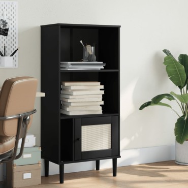 vidaXL Βιβλιοθήκη SENJA Μαύρο / Ρατάν 60x35x130cm Μασίφ Ξύλο Πεύκου 1 τεμ.