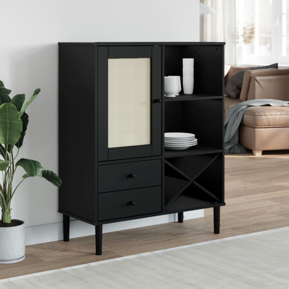 vidaXL Ντουλάπι Ψηλό SENJA Μαύρο/Ρατάν 90x40x112cm Μασίφ Ξύλο Πεύκου 1 τεμ.