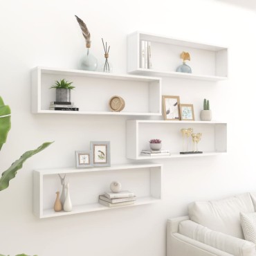 vidaXL Ράφια Κύβοι Τοίχου 4 τεμ. Γυαλ. Λευκό 100x15x30cm Επεξ. Ξύλο