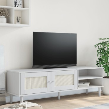 vidaXL Έπιπλο Τηλεόρασης SENJA Λευκό / Ρατάν 158x40x49cm Μασίφ Πεύκο