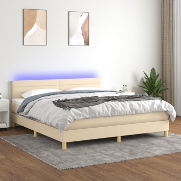 vidaXL Κρεβάτι Boxspring με Στρώμα & LED Κρεμ 160x200cm Υφασμάτινο 1 τεμ. - Διπλό