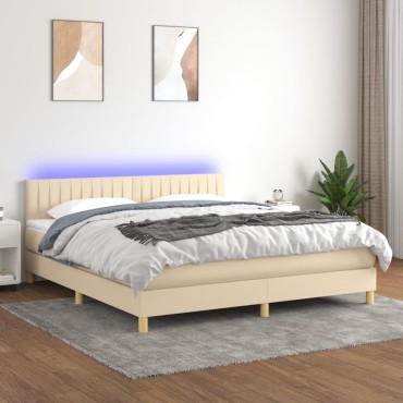 vidaXL Κρεβάτι Boxspring με Στρώμα & LED Κρεμ 160x200cm Υφασμάτινο 1 τεμ. - Διπλό