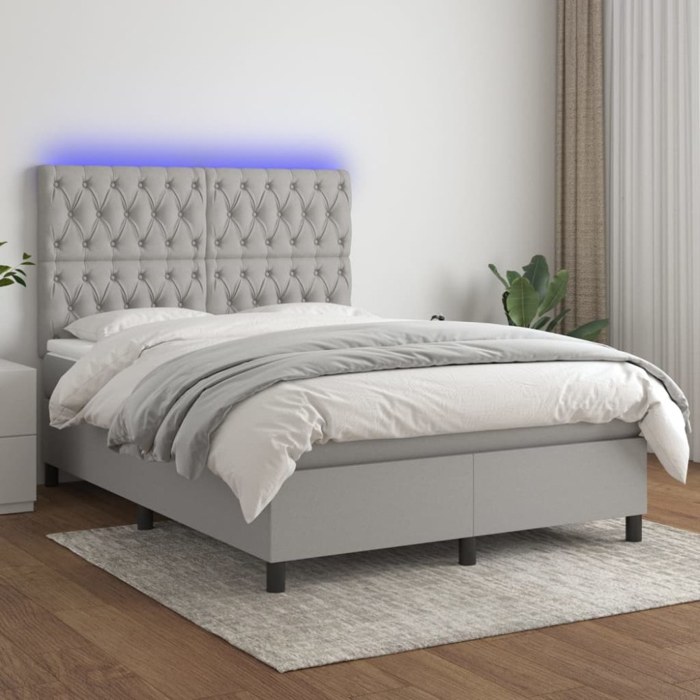 vidaXL Κρεβάτι Boxspring με Στρώμα & LED Αν.Γκρι 140x200εκ. Υφασμάτινο