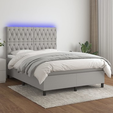 vidaXL Κρεβάτι Boxspring με Στρώμα & LED Αν.Γκρι 140x200εκ. Υφασμάτινο