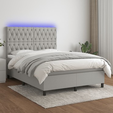 vidaXL Κρεβάτι Boxspring με Στρώμα & LED Αν.Γκρι 140x190εκ. Υφασμάτινο