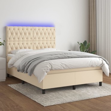 vidaXL Κρεβάτι Boxspring με Στρώμα & LED Κρεμ 140x190cm Υφασμάτινο 1 τεμ. - Μονό