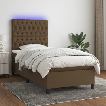 vidaXL Κρεβάτι Boxspring με Στρώμα & LED Σκ.Καφέ 90x200cm Υφασμάτινο 1 τεμ. - Μονό