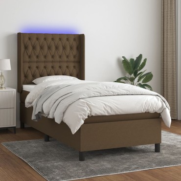 vidaXL Κρεβάτι Boxspring με Στρώμα & LED Σκ.Καφέ 90x200cm Υφασμάτινο 1 τεμ. - Μονό
