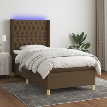 vidaXL Κρεβάτι Boxspring με Στρώμα & LED Σκ.Καφέ 90x200cm Υφασμάτινο 1 τεμ. - Μονό