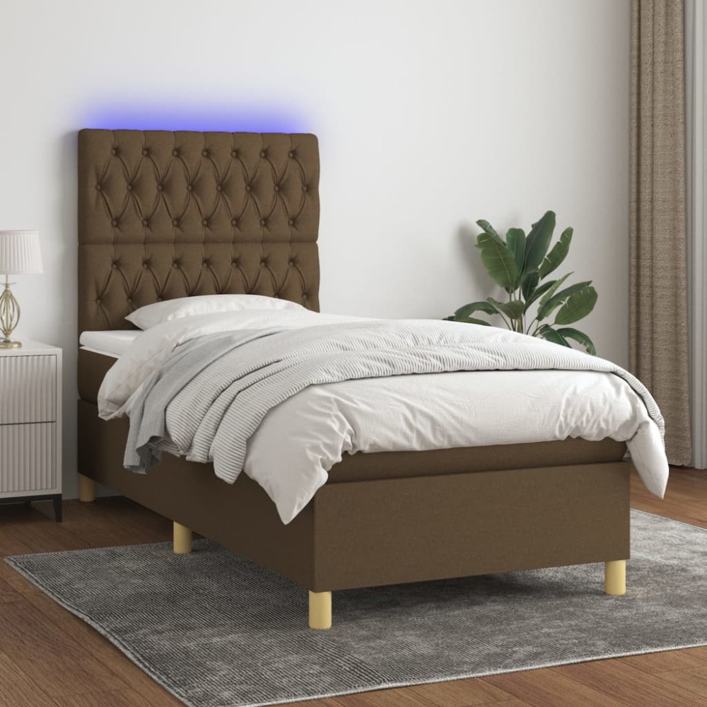 vidaXL Κρεβάτι Boxspring με Στρώμα & LED Σκ.Καφέ 90x200cm Υφασμάτινο 1 τεμ. - Μονό